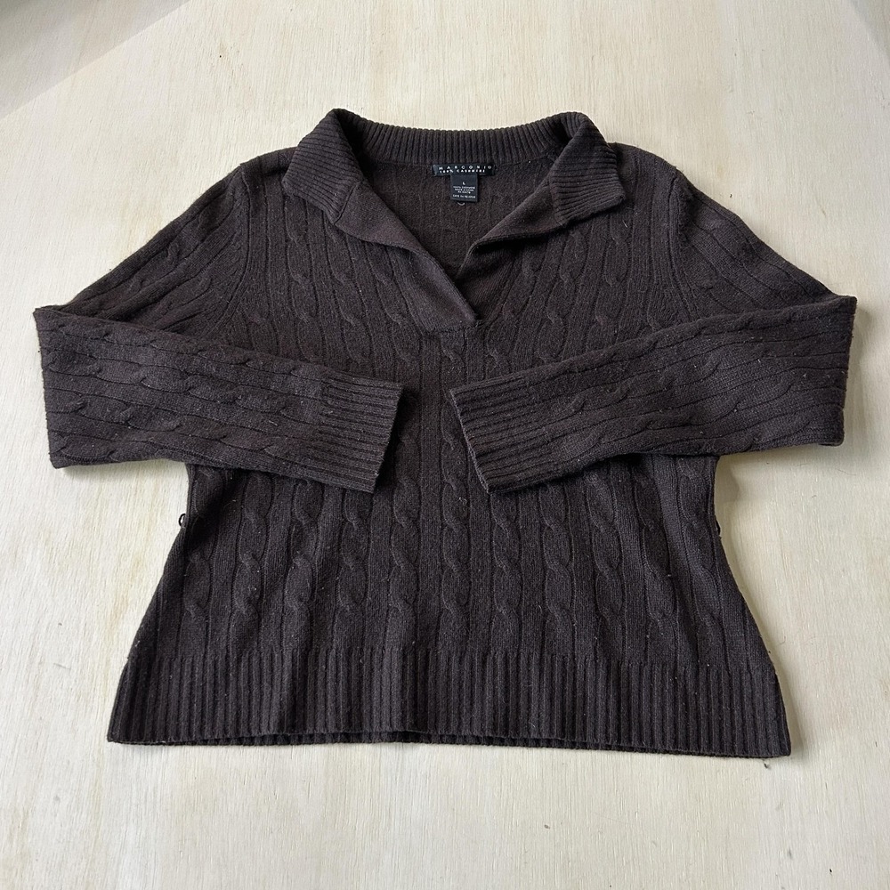 Marconi Sweater Womens Large Brown Collared Cable-Knit 100% Cashmere Pullover